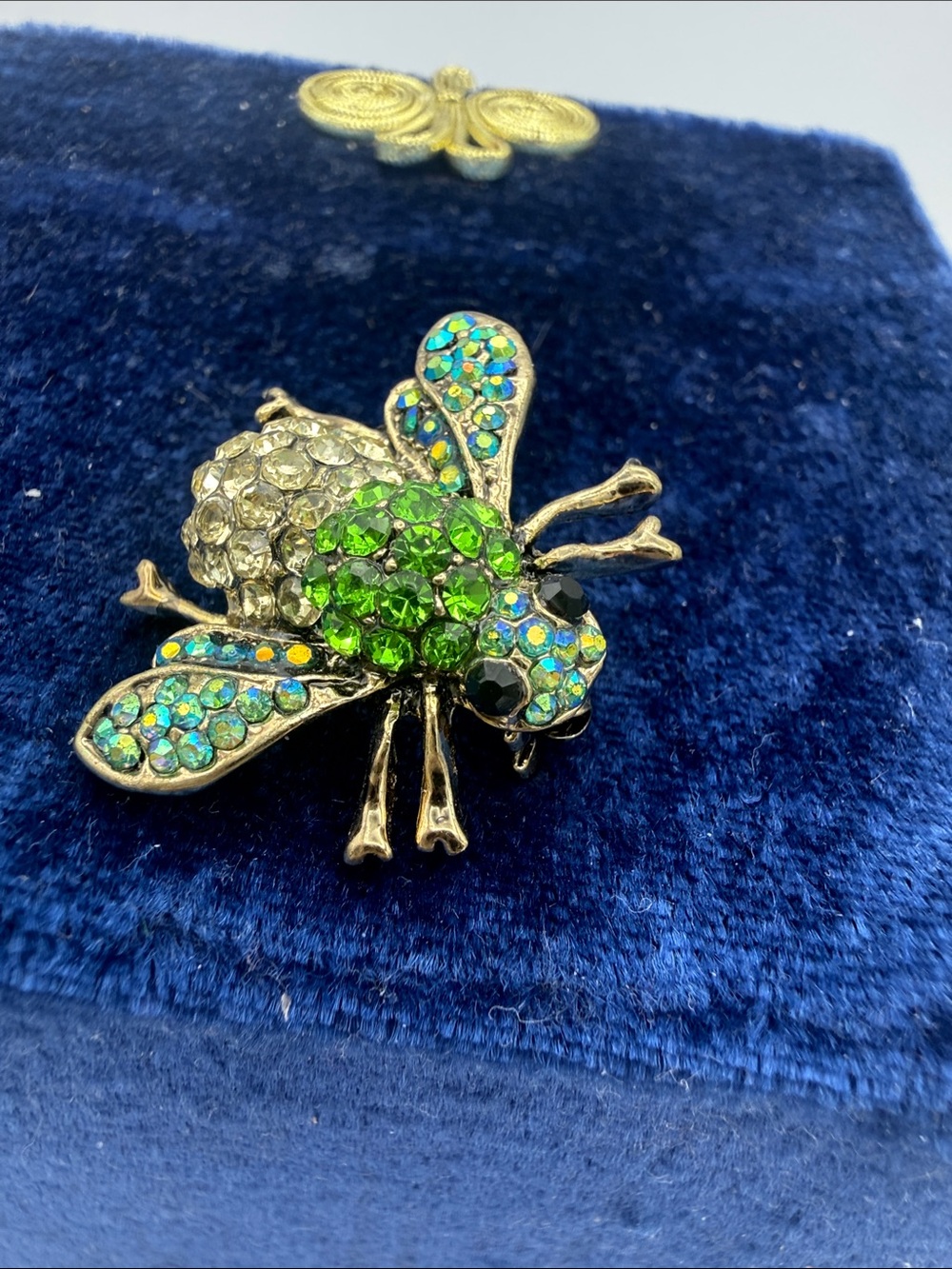 Vtg Insect Brooch Green & Iridescent Crystal Bee Pin